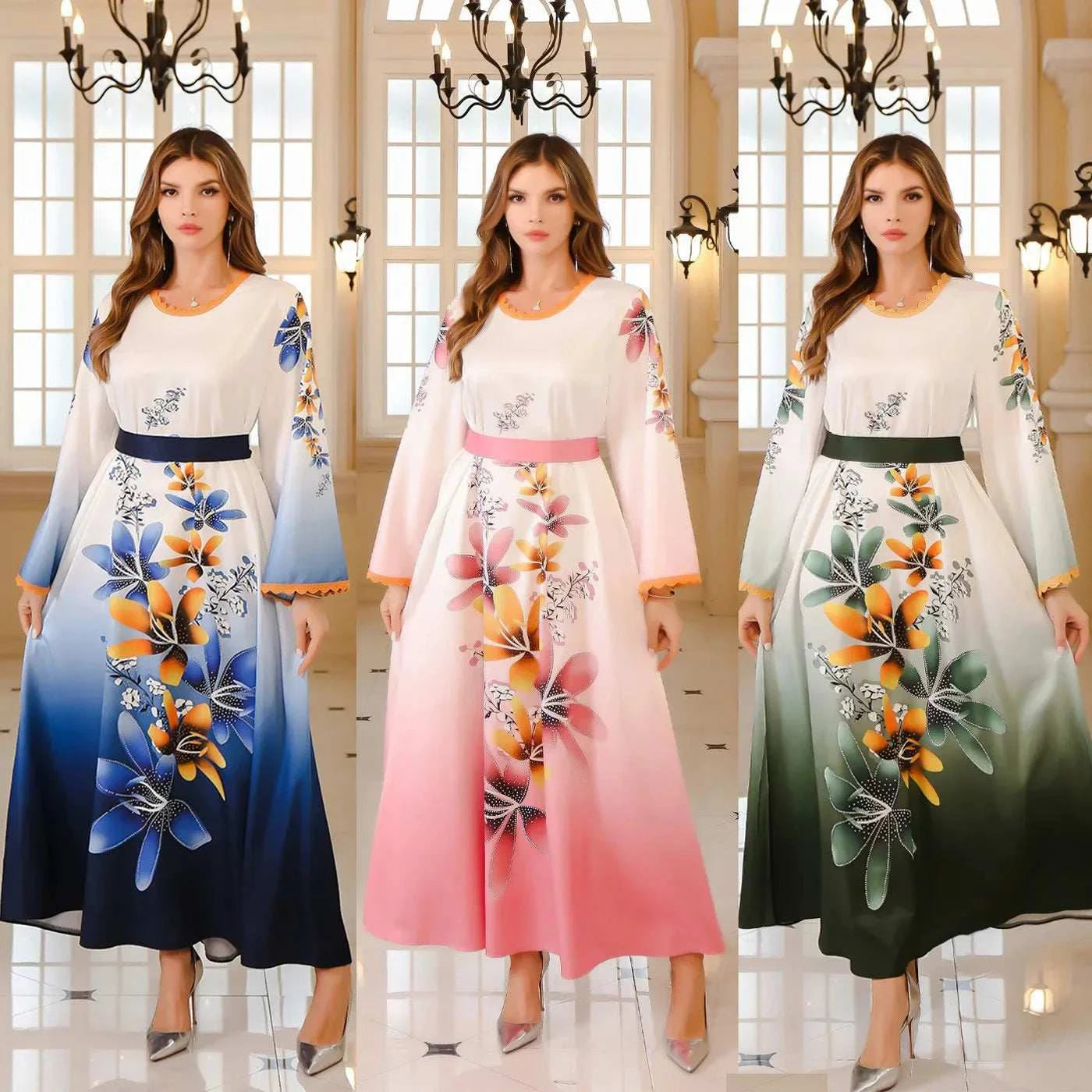 Arab Print Kaftan Abaya – Ombre Floral Satin Eid Dress -  Blue / M -  Abaya Vida