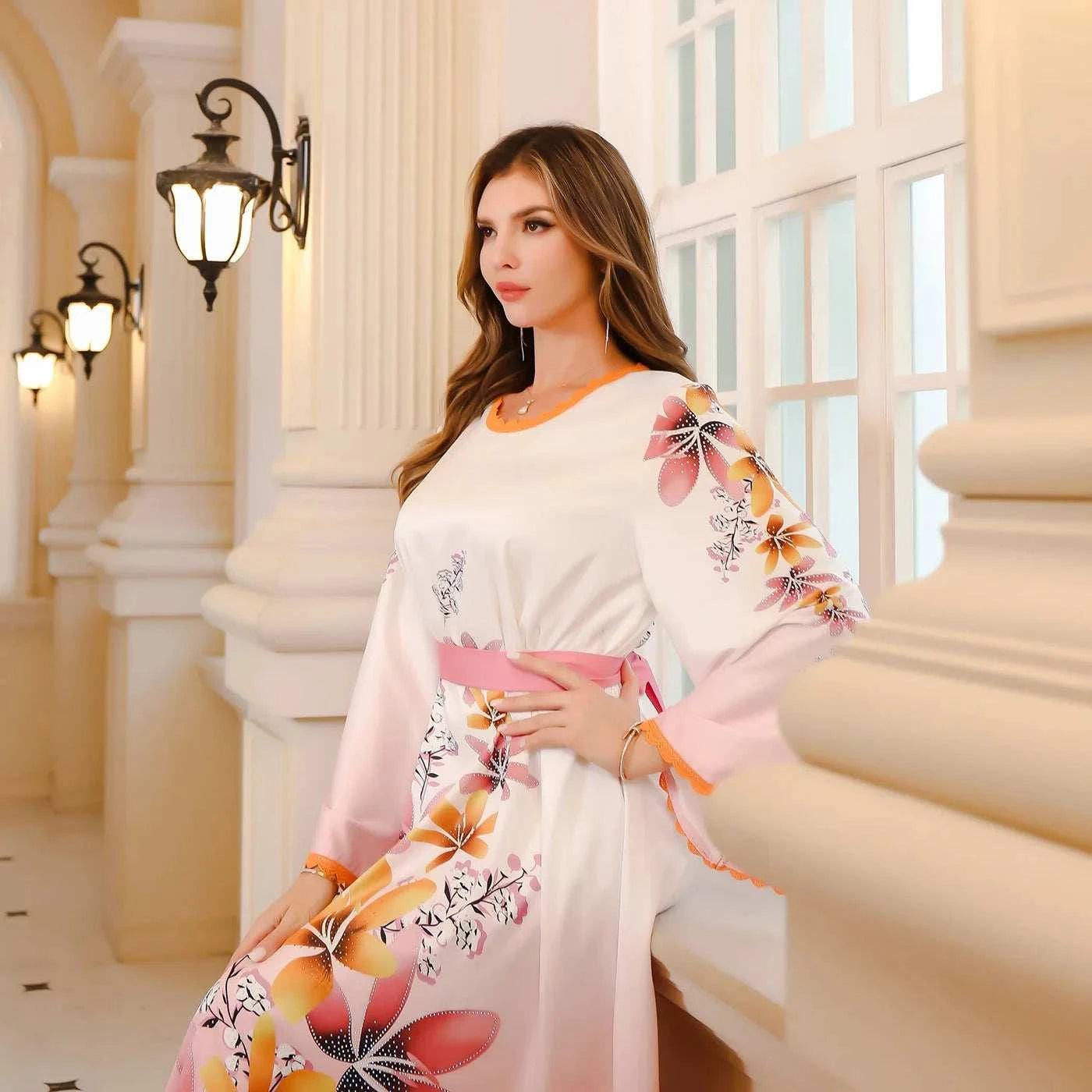 Arab Print Kaftan Abaya – Ombre Floral Satin Eid Dress -  Blue / M -  Abaya Vida