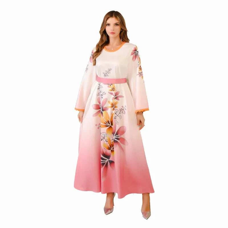Arab Print Kaftan Abaya – Ombre Floral Satin Eid Dress -  Blue / M -  Abaya Vida