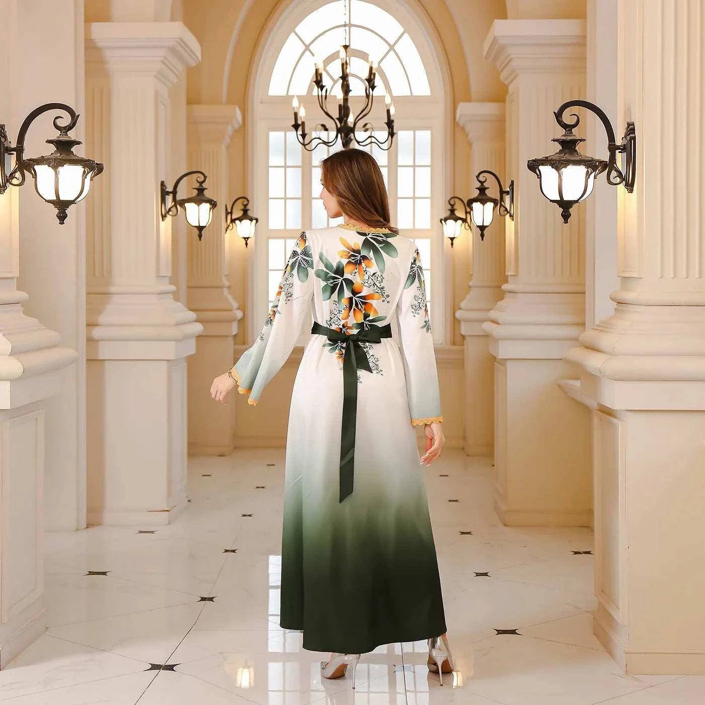 Arab Print Kaftan Abaya – Ombre Floral Satin Eid Dress -  Blue / M -  Abaya Vida