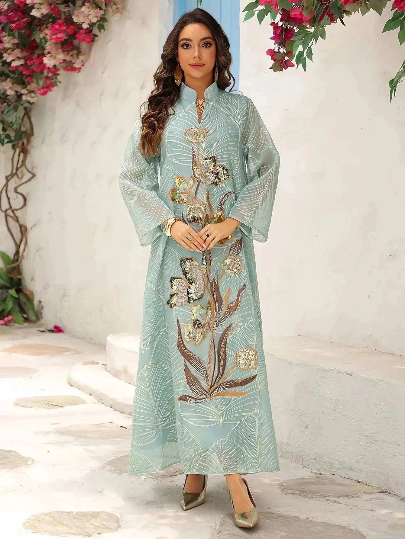 Architectural Shoulder Embroidered Abaya – Minimalist Luxury -  Apricot / M -  Abaya Vida