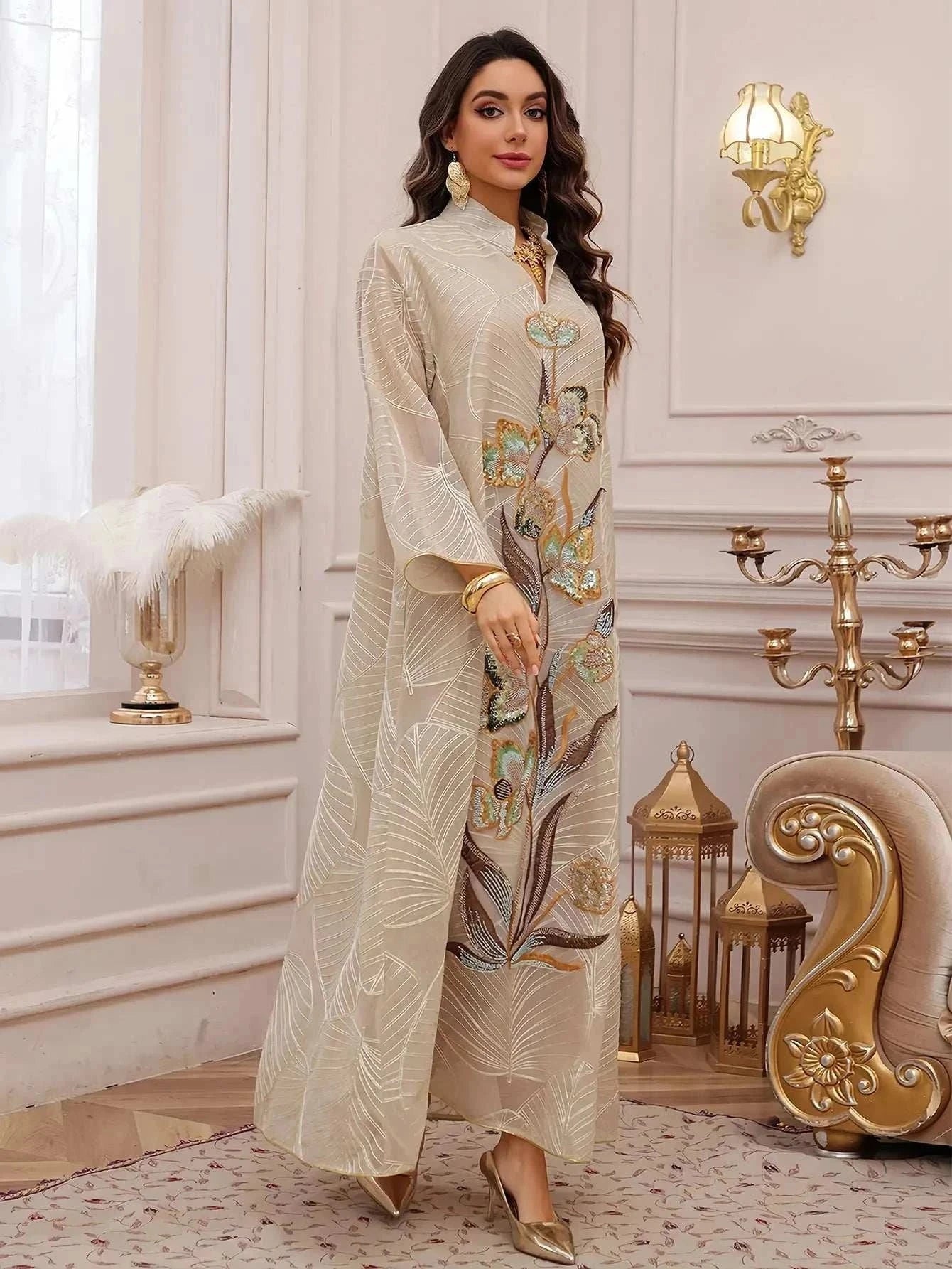 Architectural Shoulder Embroidered Abaya – Minimalist Luxury -  Apricot / M -  Abaya Vida