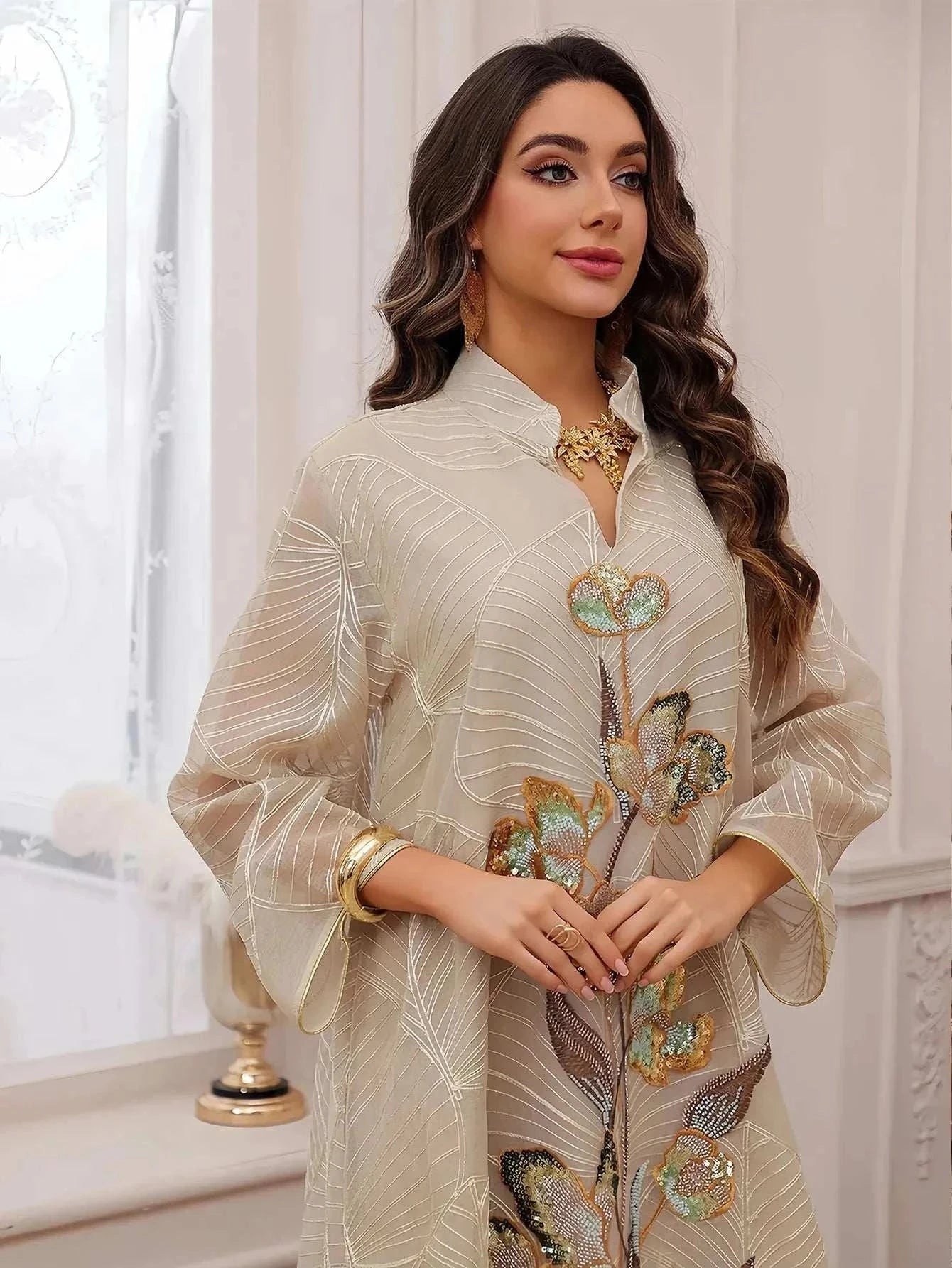 Architectural Shoulder Embroidered Abaya – Minimalist Luxury -  Apricot / M -  Abaya Vida