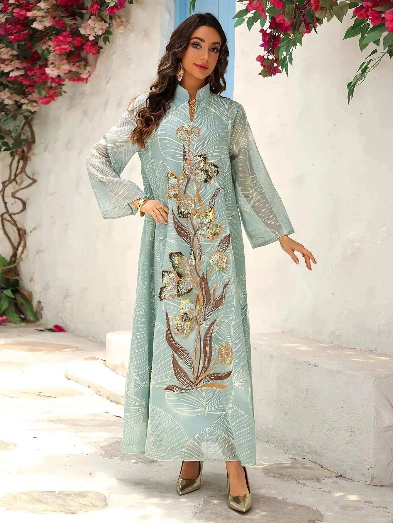 Architectural Shoulder Embroidered Abaya – Minimalist Luxury -  Apricot / M -  Abaya Vida
