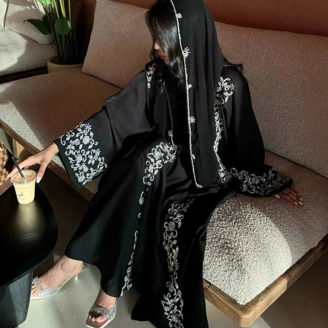 Beaded Luxury Abaya – Gold Embroidered Black Maxi Abaya -  Silver / S -  Abaya Vida