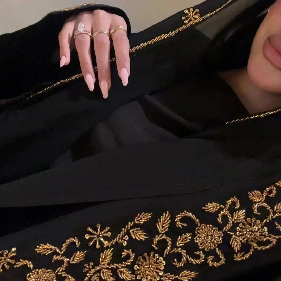 Beaded Luxury Abaya – Gold Embroidered Black Maxi Abaya -  Silver / S -  Abaya Vida
