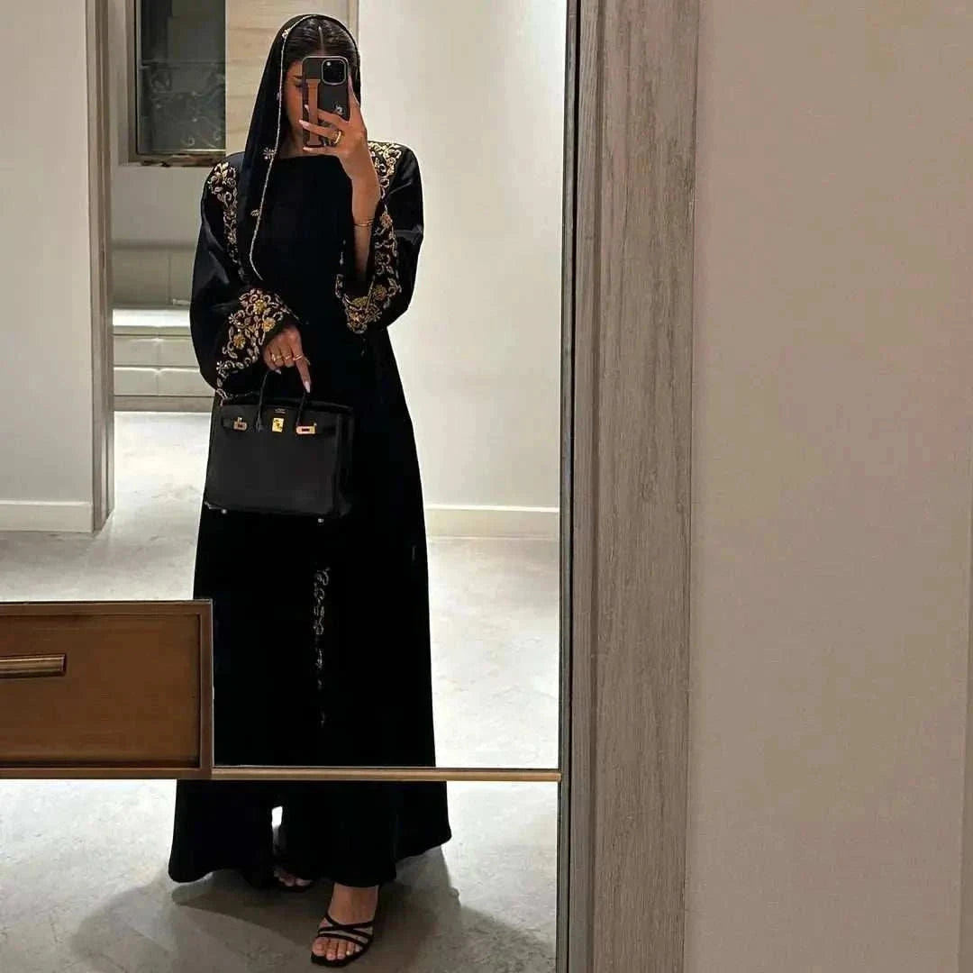 Beaded Luxury Abaya – Gold Embroidered Black Maxi Abaya -  Silver / S -  Abaya Vida