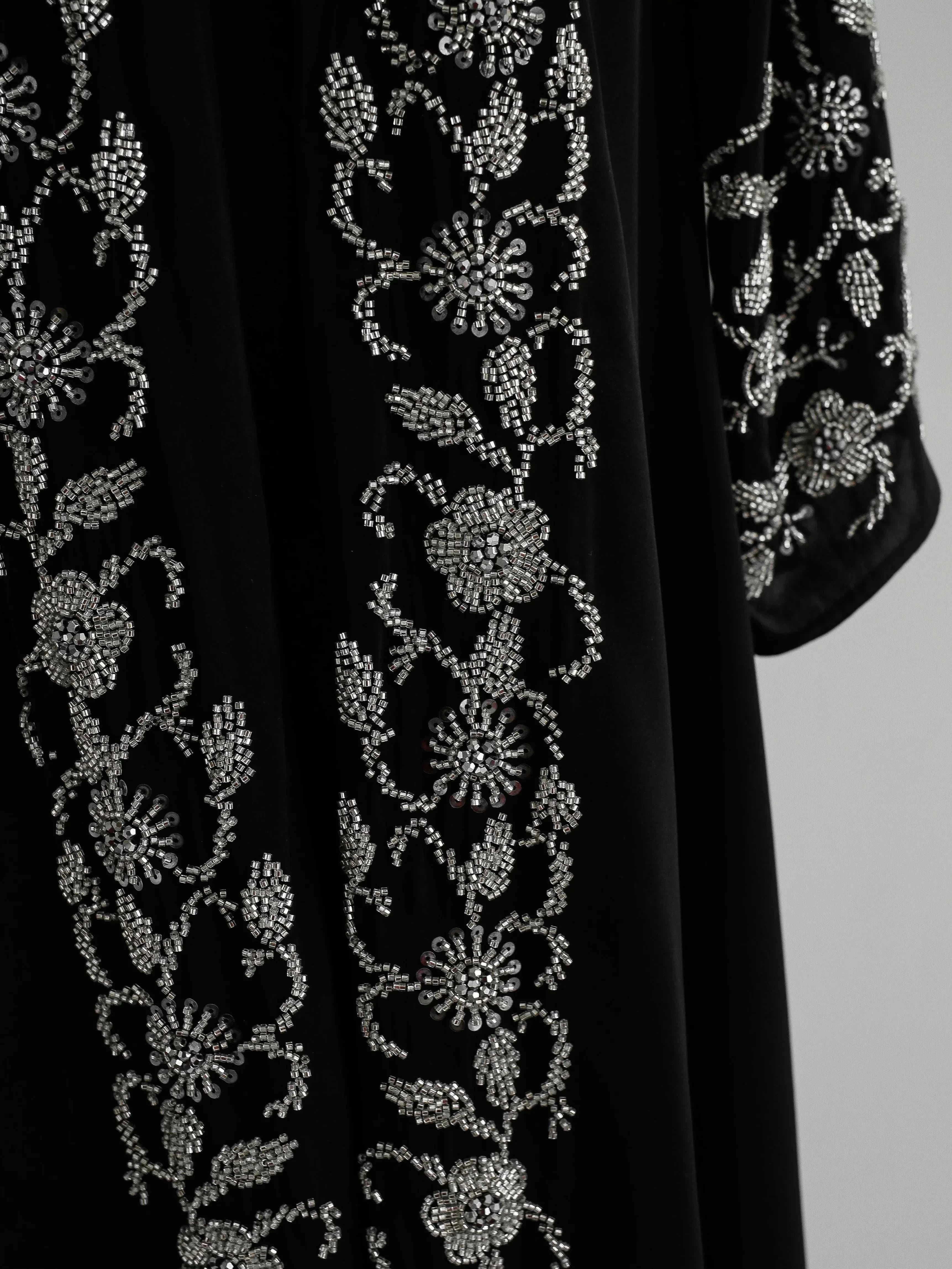 Beaded Luxury Abaya – Gold Embroidered Black Maxi Abaya -  Silver / S -  Abaya Vida