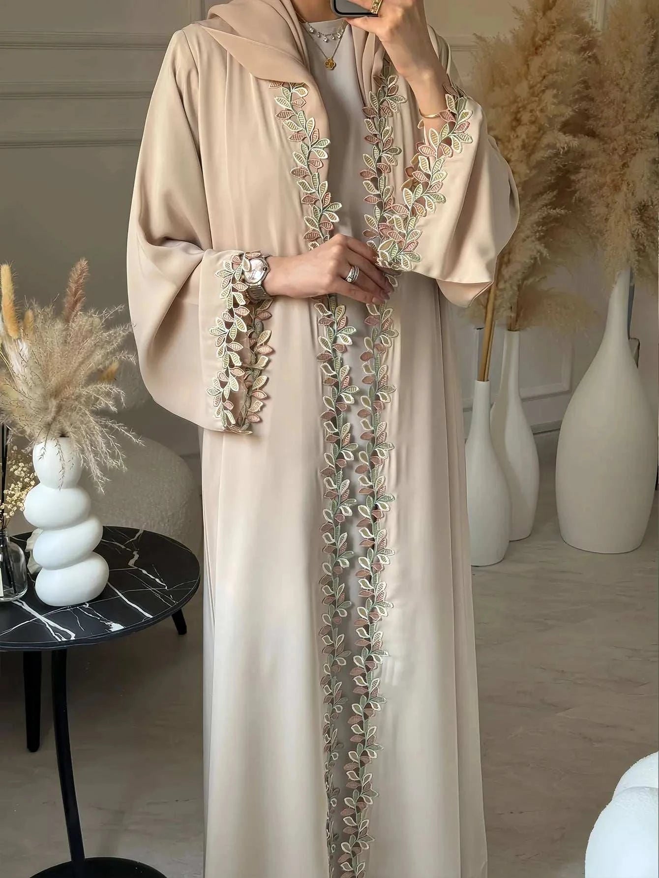 Beige Harmony Embroidered Abaya – Leaf Embroidery Open Modest Abaya -  M -  Abaya Vida