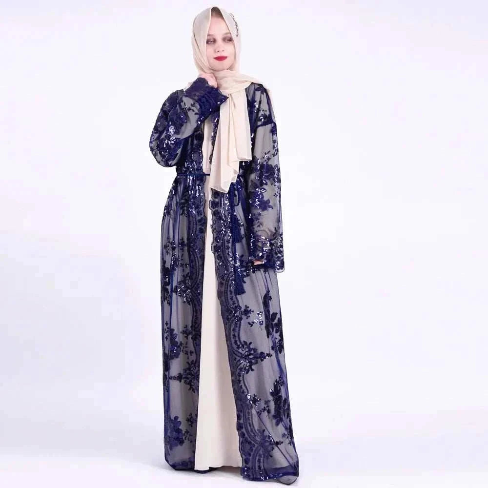 Belted Embroidered Abaya – Luxury Open Front Kimono Abaya -  Black-Golden / S -  Abaya Vida