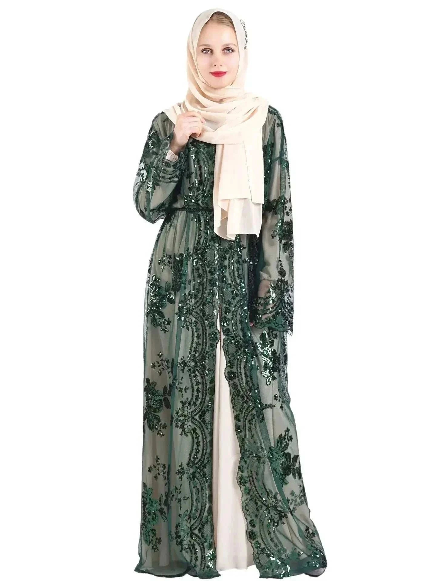 Belted Embroidered Abaya – Luxury Open Front Kimono Abaya -  Black-Golden / S -  Abaya Vida