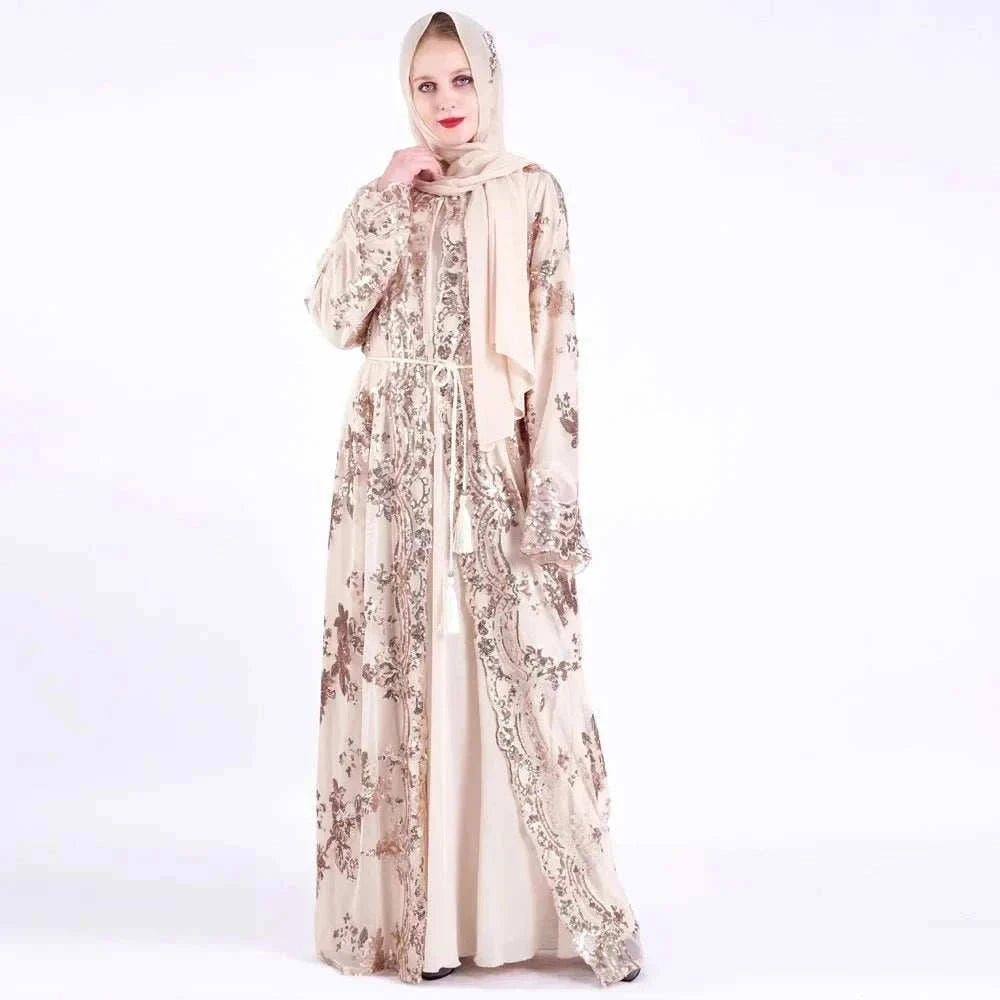 Belted Embroidered Abaya – Luxury Open Front Kimono Abaya -  Black-Golden / S -  Abaya Vida