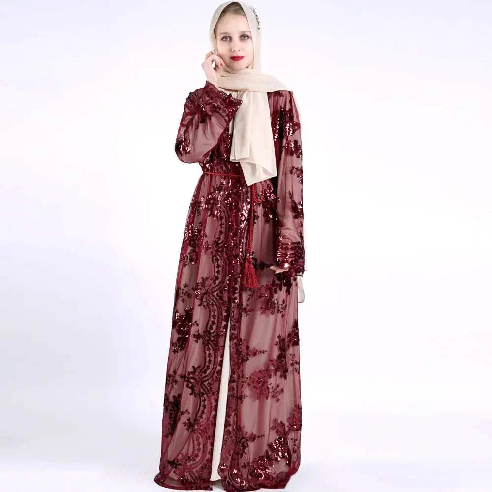 Belted Embroidered Abaya – Luxury Open Front Kimono Abaya -  Black-Golden / S -  Abaya Vida