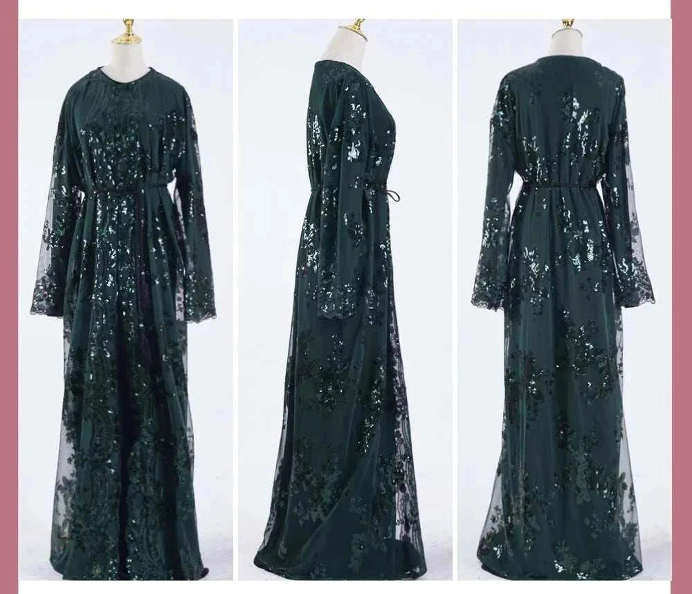 Belted Embroidered Abaya – Luxury Open Front Kimono Abaya -  Black-Golden / S -  Abaya Vida