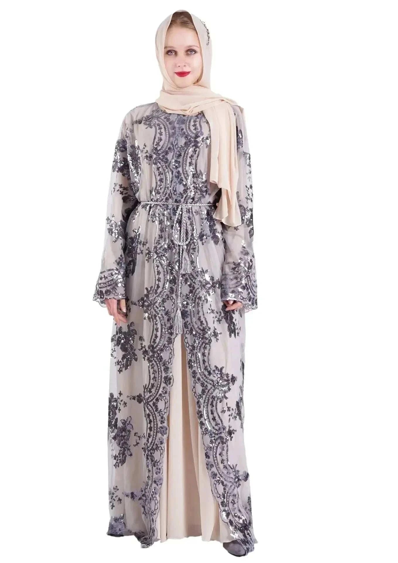 Belted Embroidered Abaya – Luxury Open Front Kimono Abaya -  Black-Golden / S -  Abaya Vida
