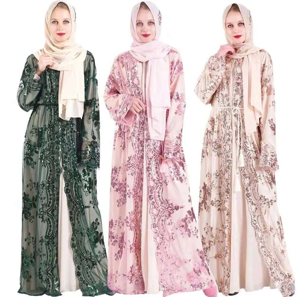 Belted Embroidered Abaya – Luxury Open Front Kimono Abaya -  Black-Golden / S -  Abaya Vida