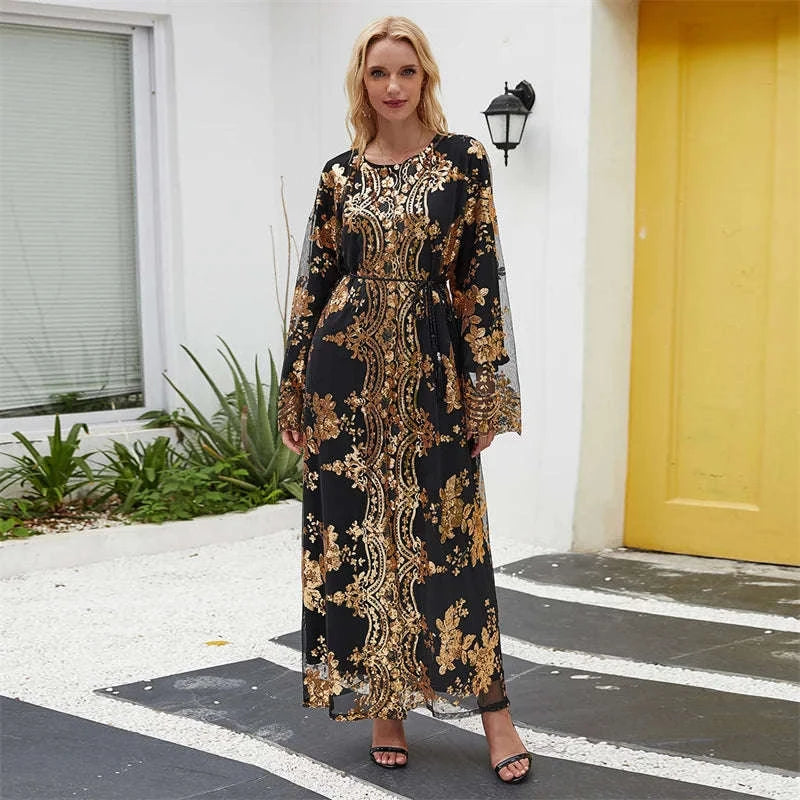 Belted Embroidered Abaya – Luxury Open Front Kimono Abaya -  Black-Golden / S -  Abaya Vida