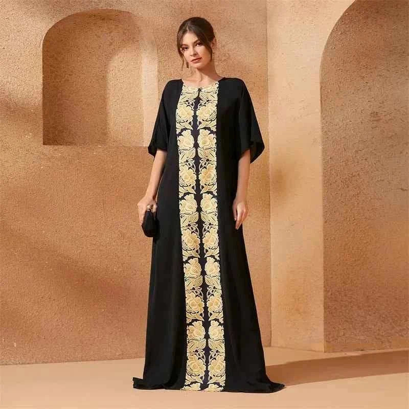 Black Floral Closed Abaya – Gold Embroidery Ramadan & Eid -  XS -  Abaya Vida