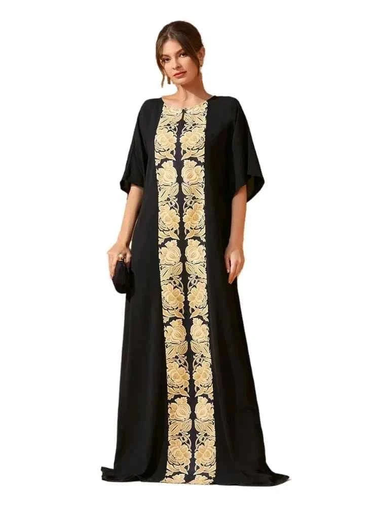 Black Floral Closed Abaya – Gold Embroidery Ramadan & Eid -  XS -  Abaya Vida