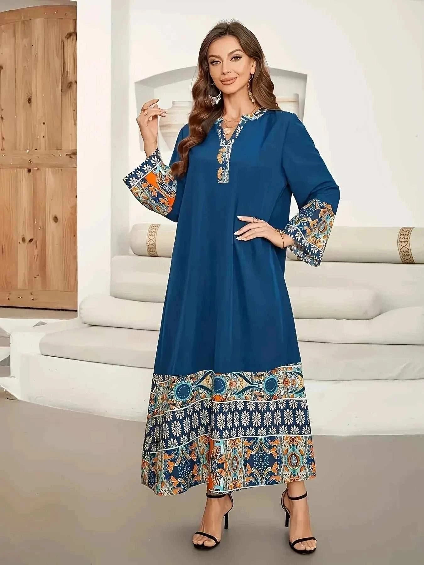 Blue Jersey Floral Wrap Abaya for Eid – Modest Maxi Dress -  S -  Abaya Vida