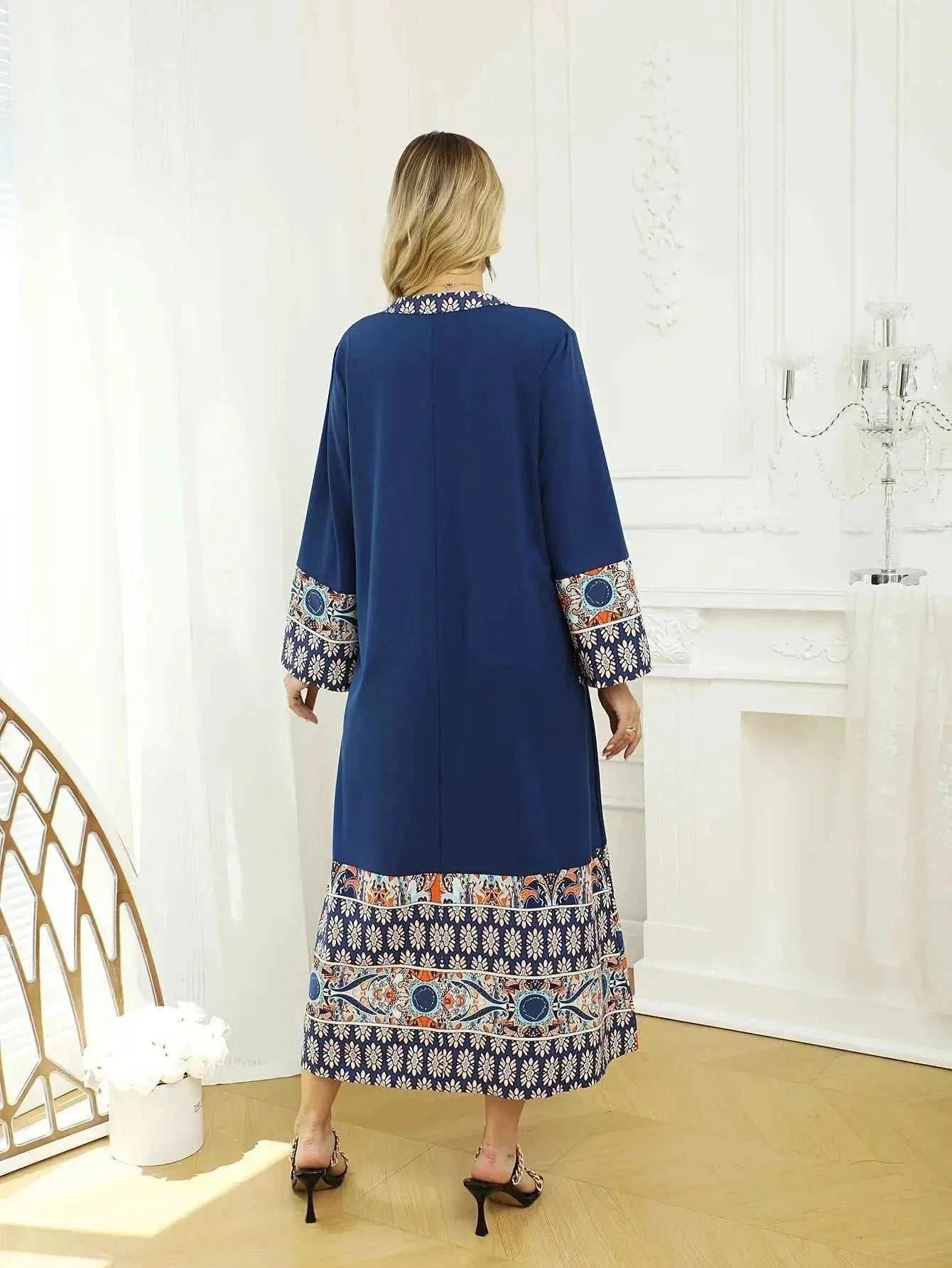 Blue Jersey Floral Wrap Abaya for Eid – Modest Maxi Dress -  S -  Abaya Vida