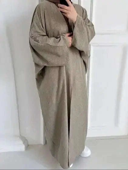 Cotton Linen Batwing Kimono Abaya for Women – Open Front Casual Cardigan Robe -  Khaki / S -  Abaya Vida