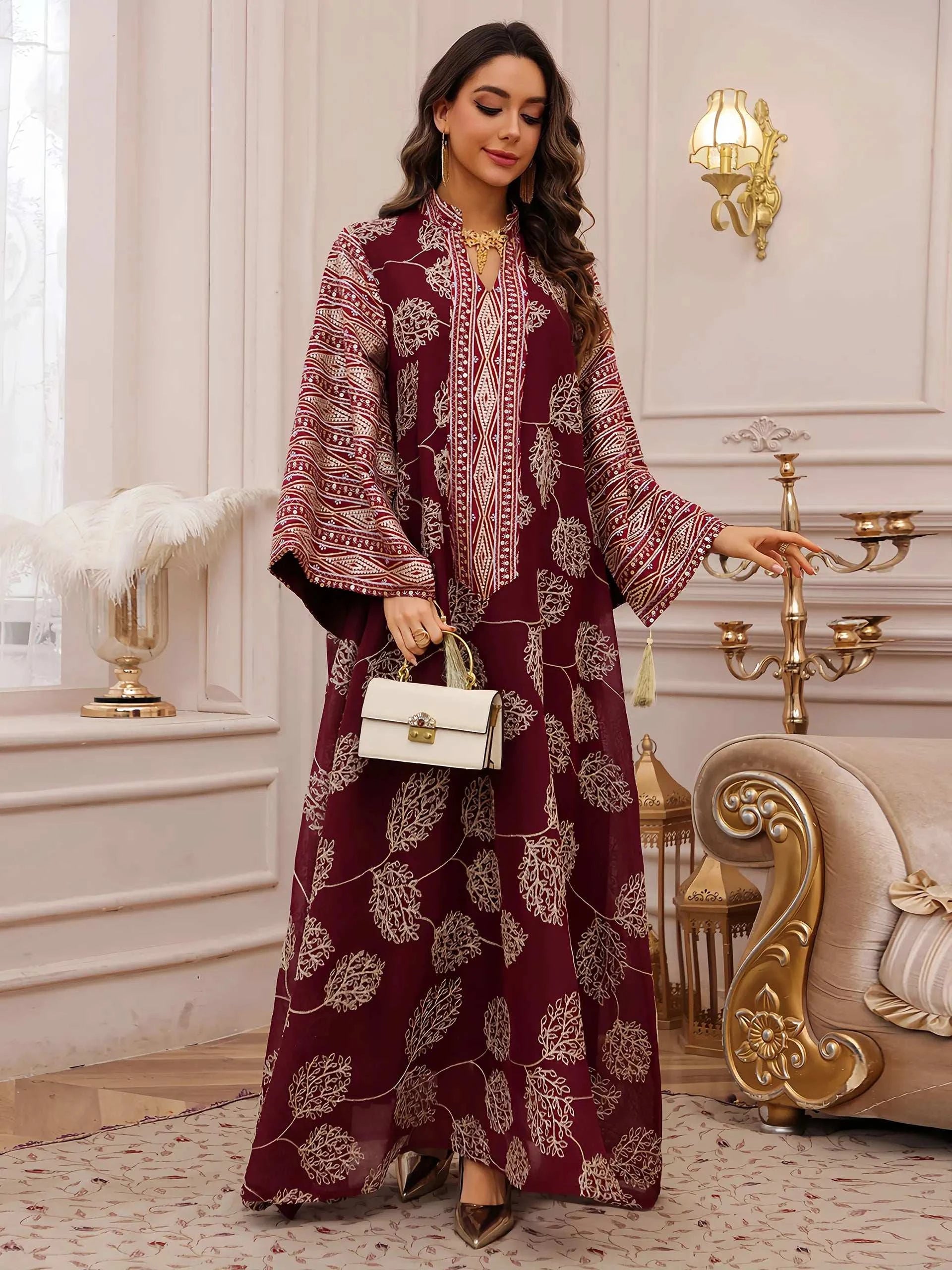Crimson Gold Royal Abaya – Gold Embroidered Open Abaya in 5 Colours -  White / S -  Abaya Vida