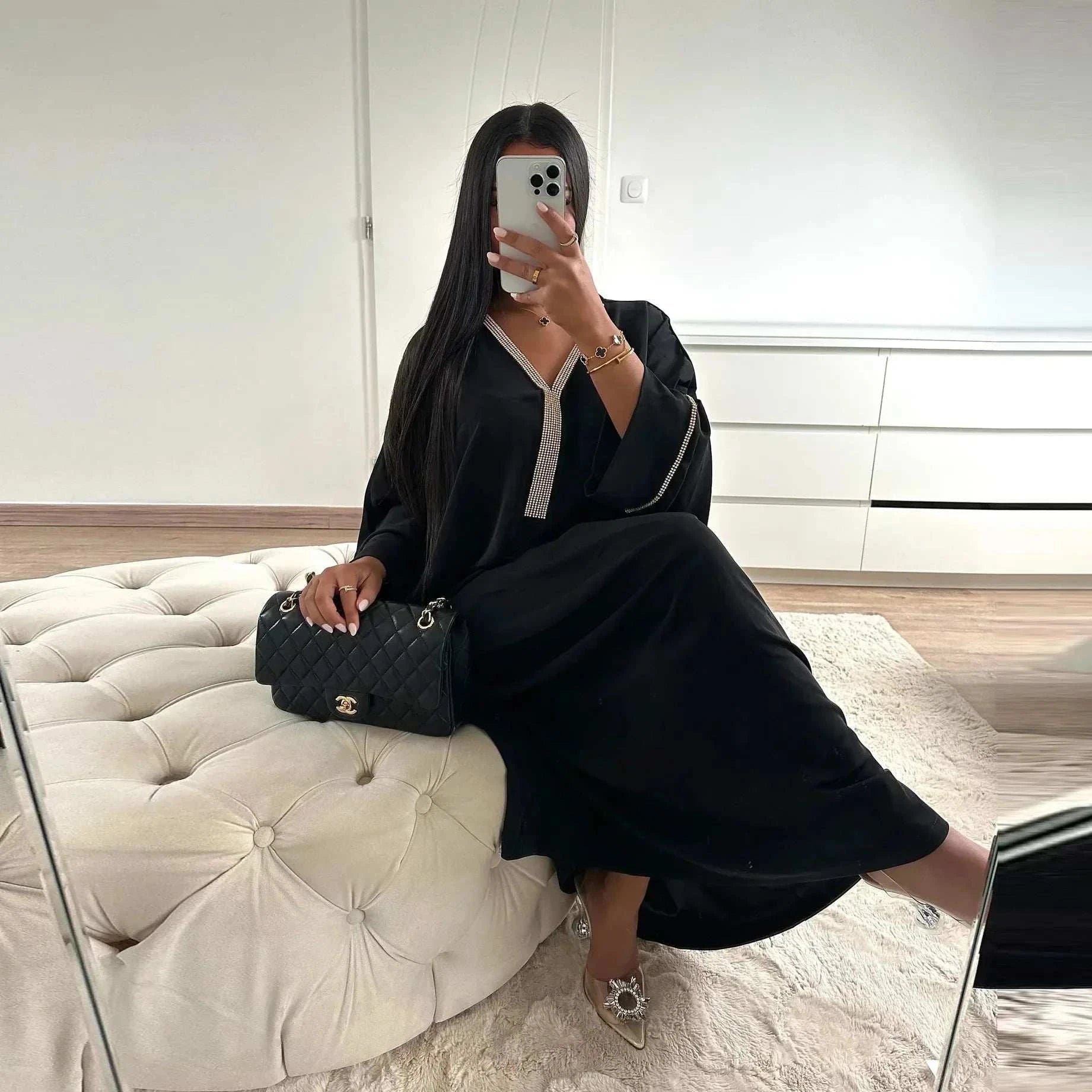Crystal Batwing Diamond Abaya – Embellished Batwing Black & White -  Black -  Abaya Vida