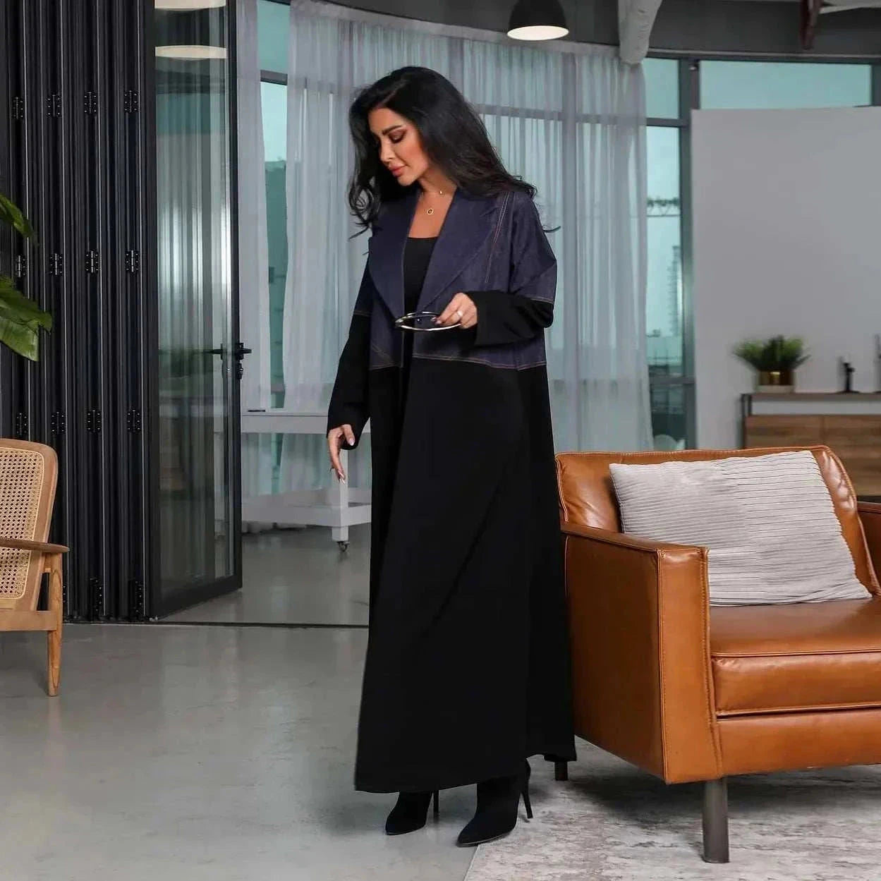 Denim Patchwork Abaya – Casual Open Modest Abaya in Blue -  S -  Abaya Vida
