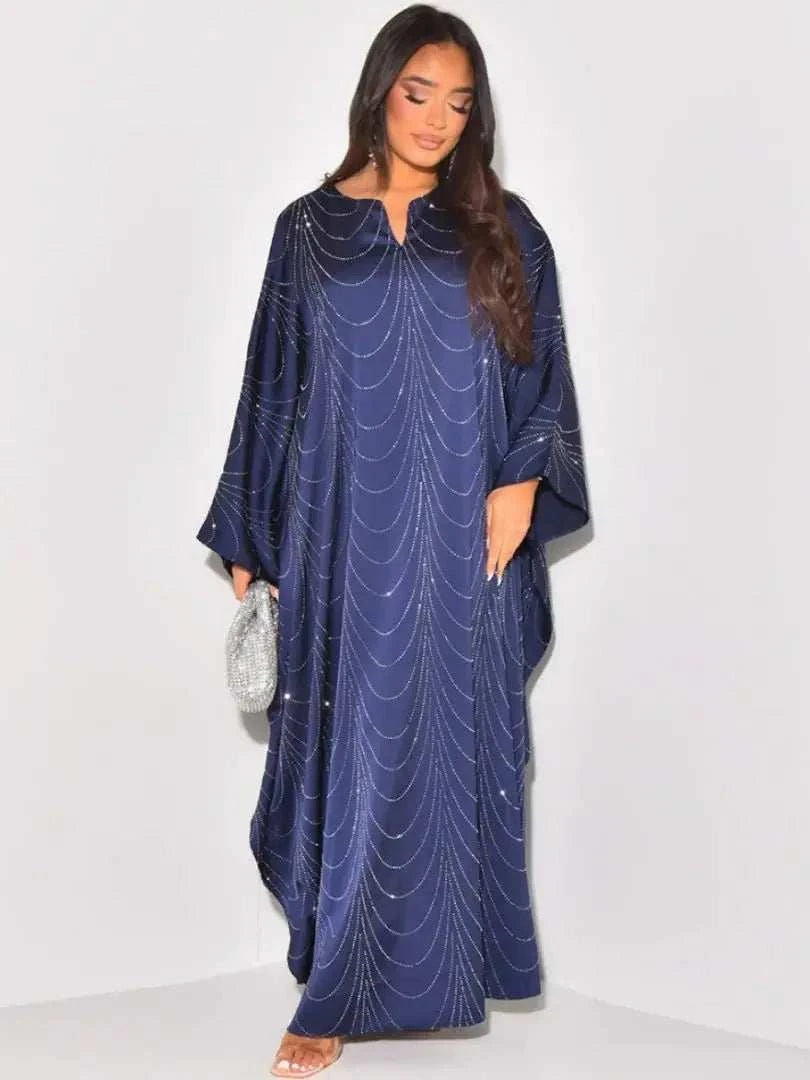 Diamond Satin Abaya – Embellished Closed Satin Occasion Abaya -  Blue -  Abaya Vida
