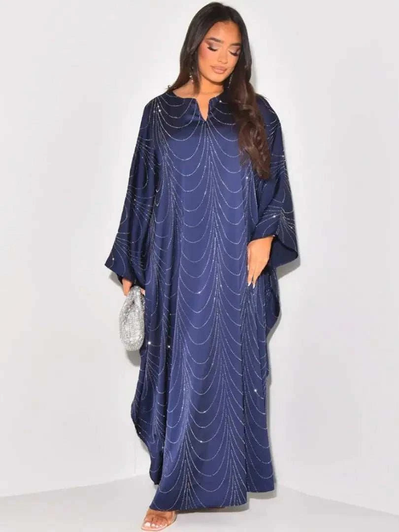 Diamond Satin Abaya – Embellished Closed Satin Occasion Abaya -  Blue -  Abaya Vida