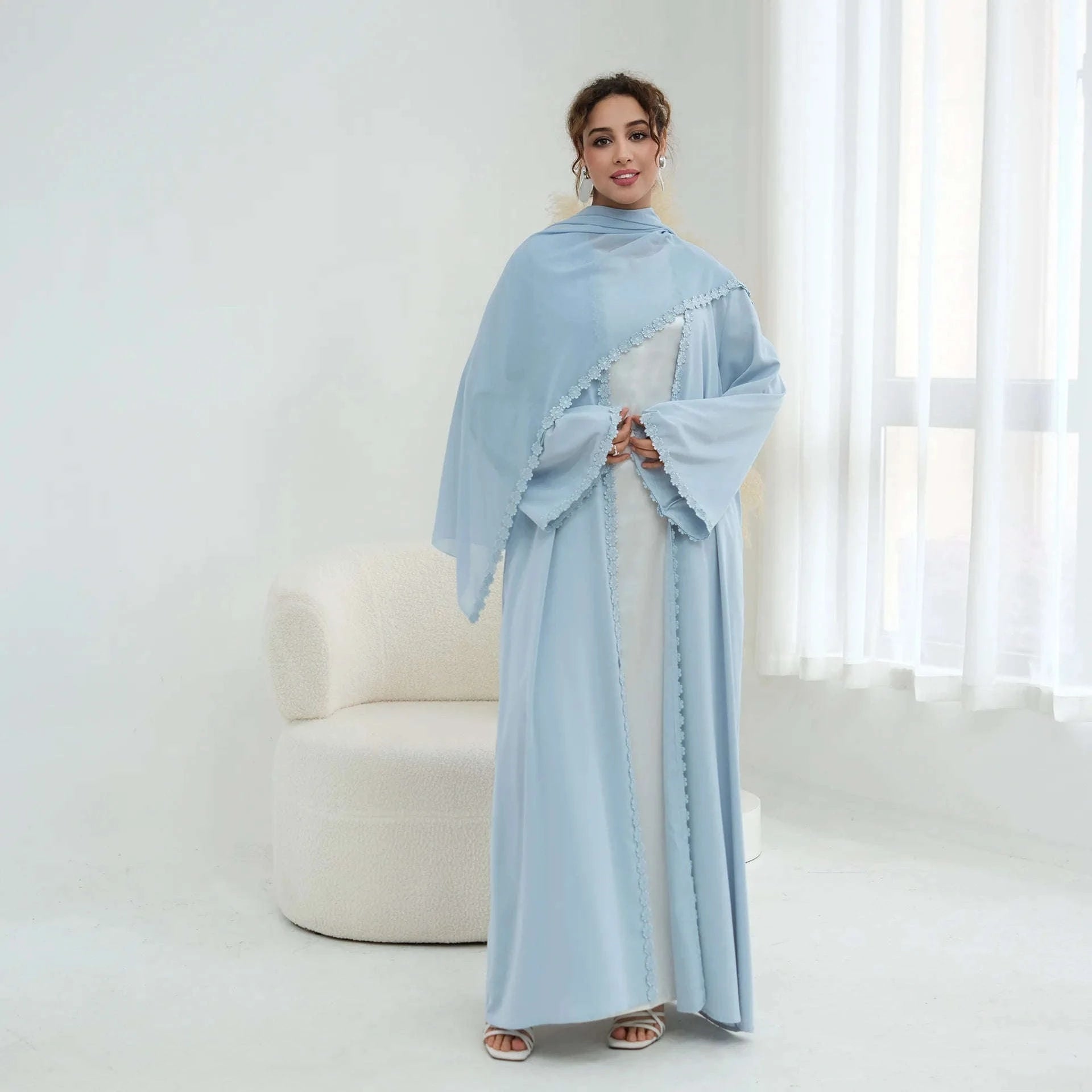 Eid Abaya with Hijab Set – Lace Detail Open Front Robe -  Blue with Hijab / S -  Abaya Vida