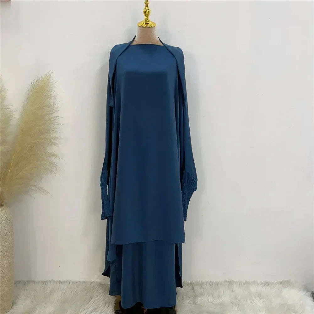 Eid Djellaba Kebaya Two-Piece Set – Hooded Satin Khimar & Skirt -  Teal -  Abaya Vida