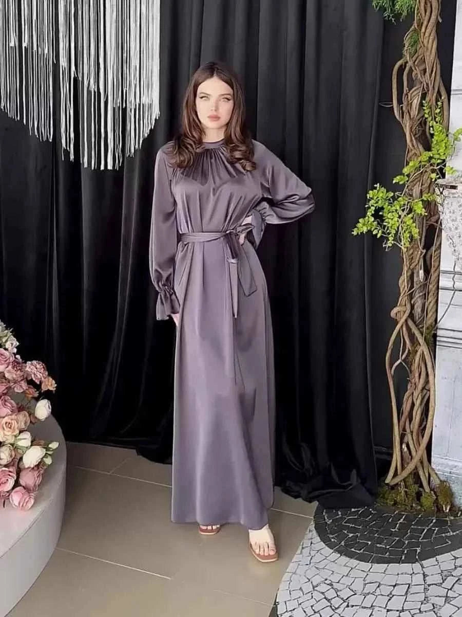 Eid Satin Abaya – Lace-Up Flare Sleeve Luxury Satin Maxi -  Purple / S -  Abaya Vida