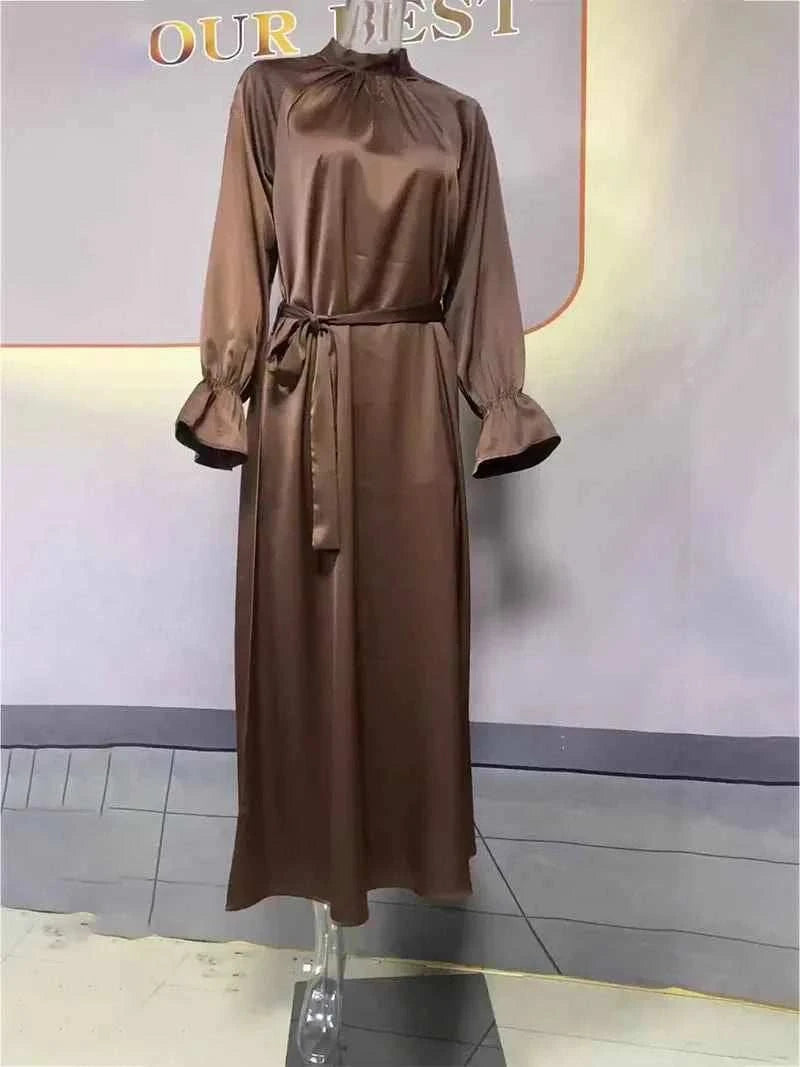 Eid Satin Abaya – Lace-Up Flare Sleeve Luxury Satin Maxi -  Purple / S -  Abaya Vida