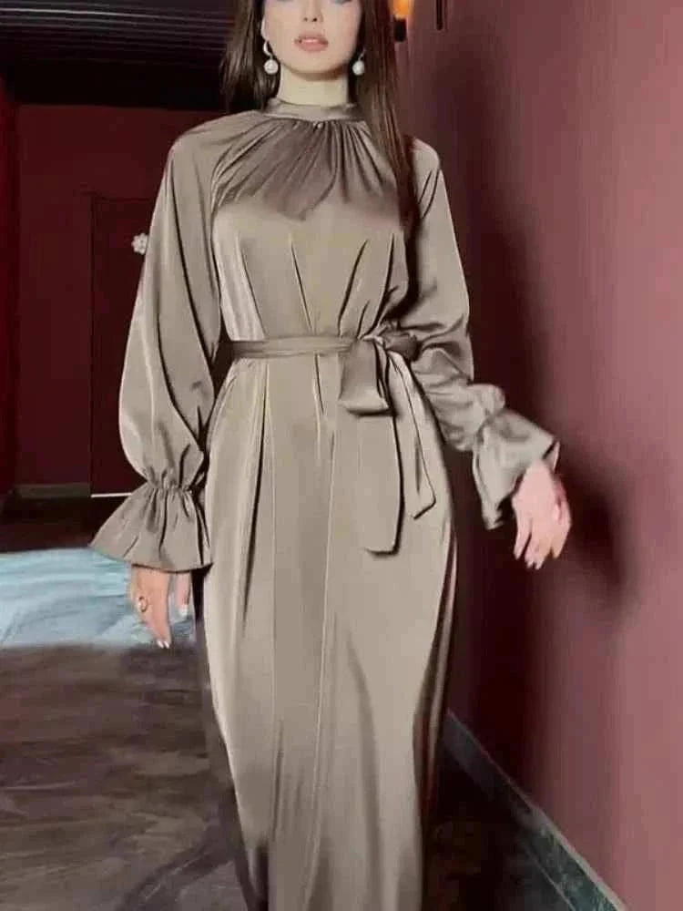 Eid Satin Abaya – Lace-Up Flare Sleeve Luxury Satin Maxi -  Purple / S -  Abaya Vida