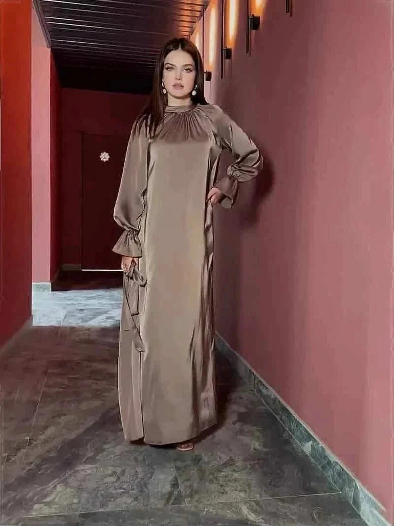 Eid Satin Abaya – Lace-Up Flare Sleeve Luxury Satin Maxi -  Purple / S -  Abaya Vida