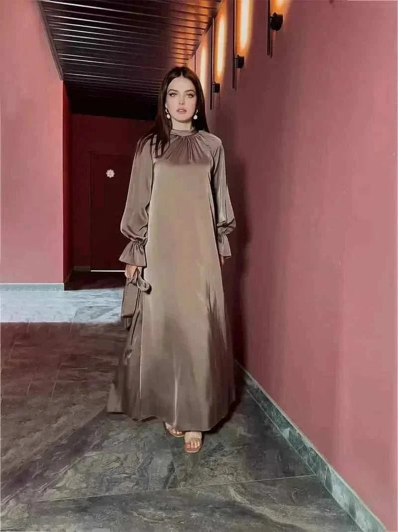 Eid Satin Abaya – Lace-Up Flare Sleeve Luxury Satin Maxi -  Purple / S -  Abaya Vida