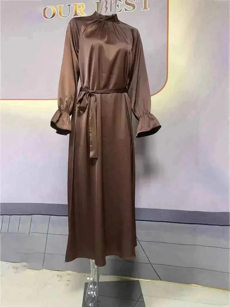 Eid Satin Abaya – Lace-Up Flare Sleeve Luxury Satin Maxi -  Purple / S -  Abaya Vida