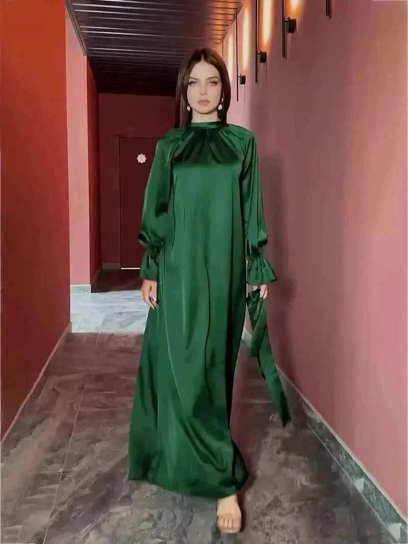Eid Satin Abaya – Lace-Up Flare Sleeve Luxury Satin Maxi -  Purple / S -  Abaya Vida