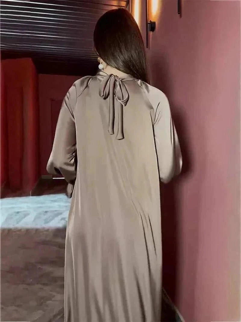 Eid Satin Abaya – Lace-Up Flare Sleeve Luxury Satin Maxi -  Purple / S -  Abaya Vida