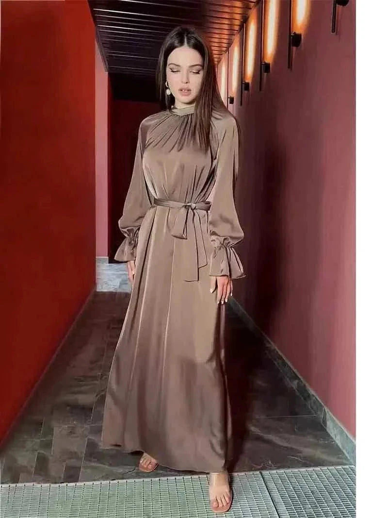 Eid Satin Abaya – Lace-Up Flare Sleeve Luxury Satin Maxi -  Purple / S -  Abaya Vida