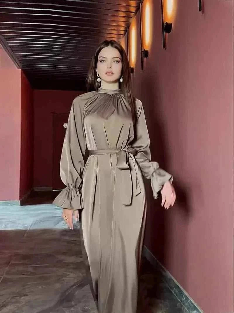 Eid Satin Abaya – Lace-Up Flare Sleeve Luxury Satin Maxi -  Purple / S -  Abaya Vida