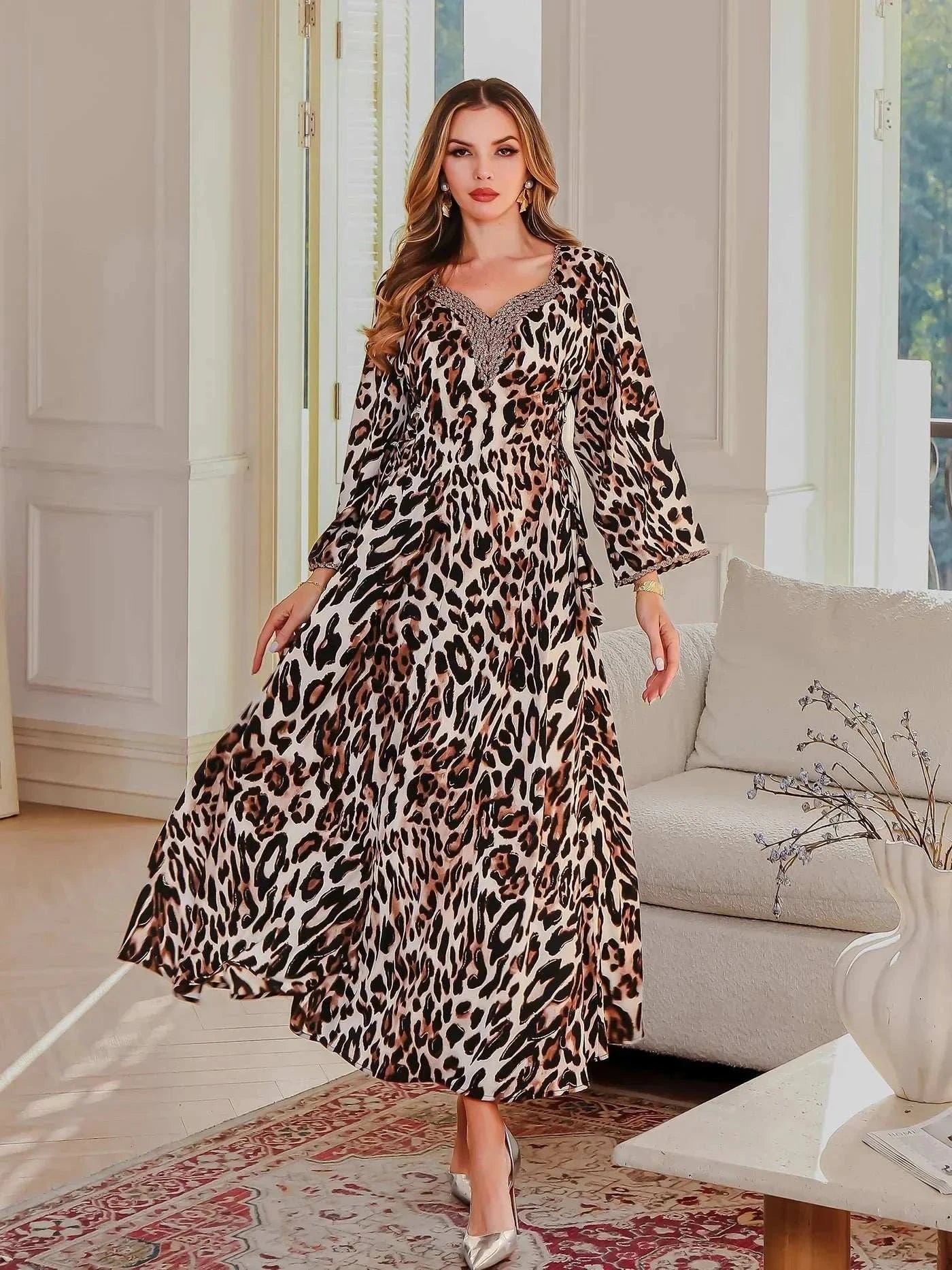 Elegant Leopard Print Abaya – Rhinestone Embellished Maxi -  M -  Abaya Vida