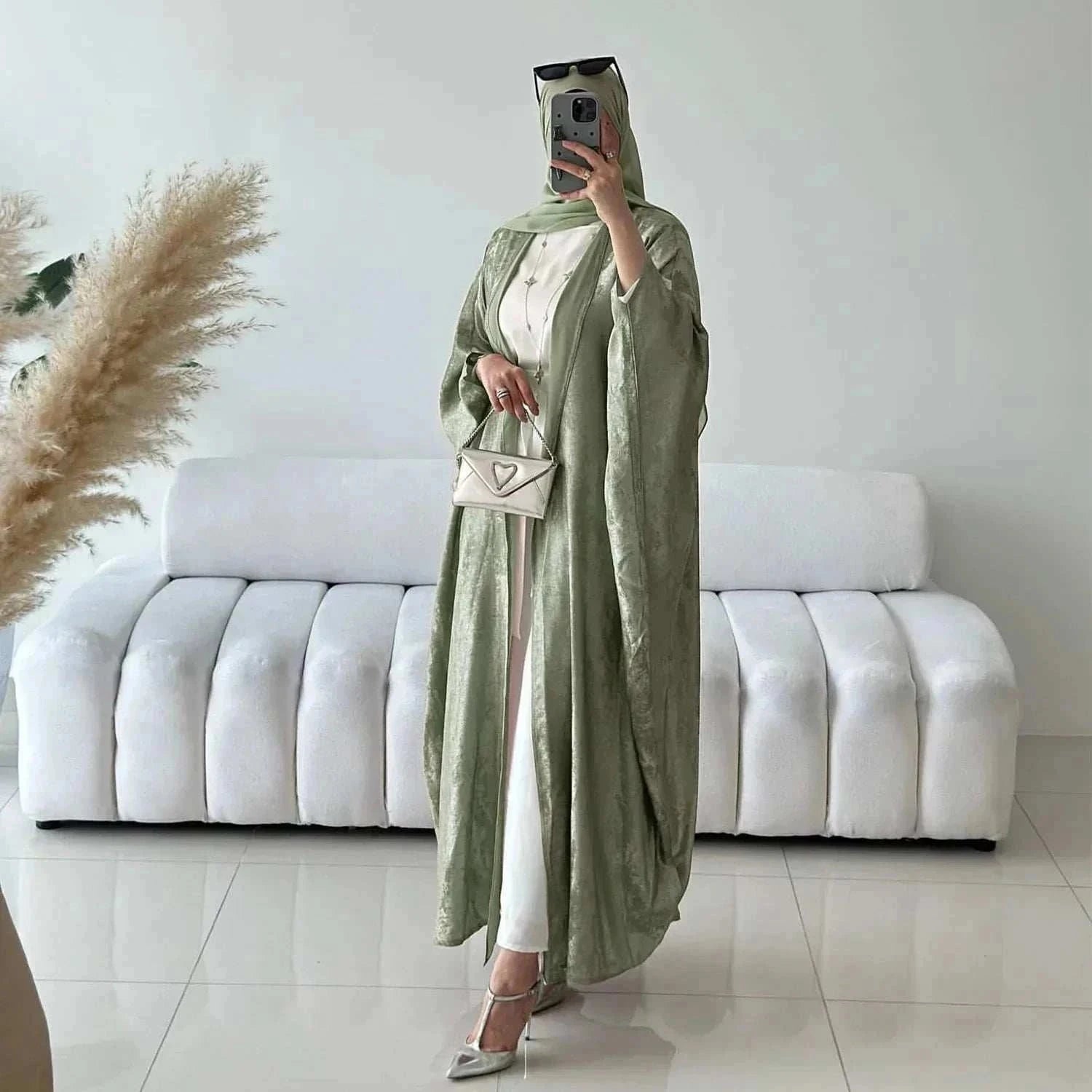 Elegant Open Front Abaya – Diamond Accent Modest Abaya -  Green  W/O Scarf / S -  Abaya Vida