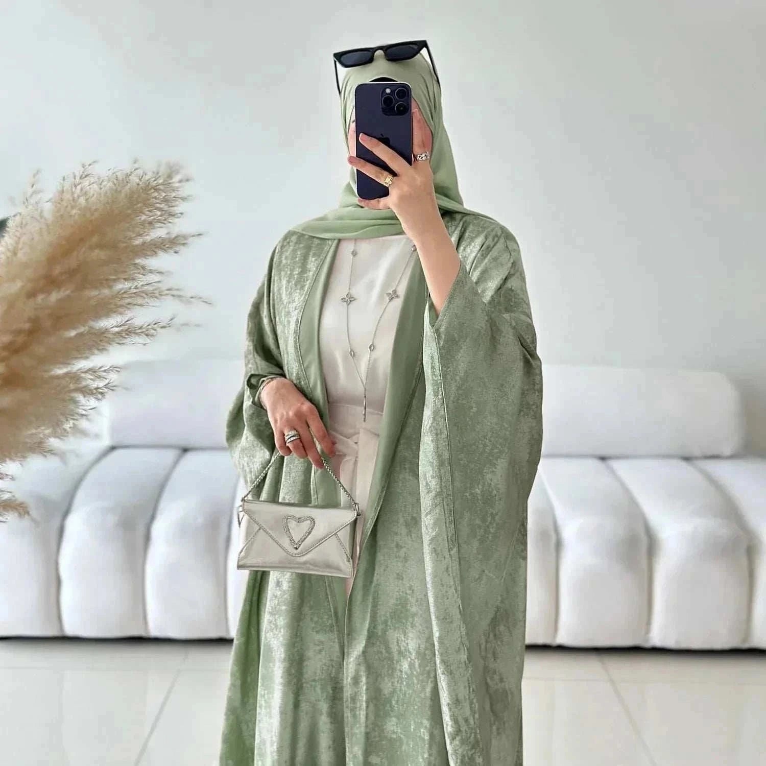 Elegant Open Front Abaya – Diamond Accent Modest Abaya -  Green  W/O Scarf / S -  Abaya Vida