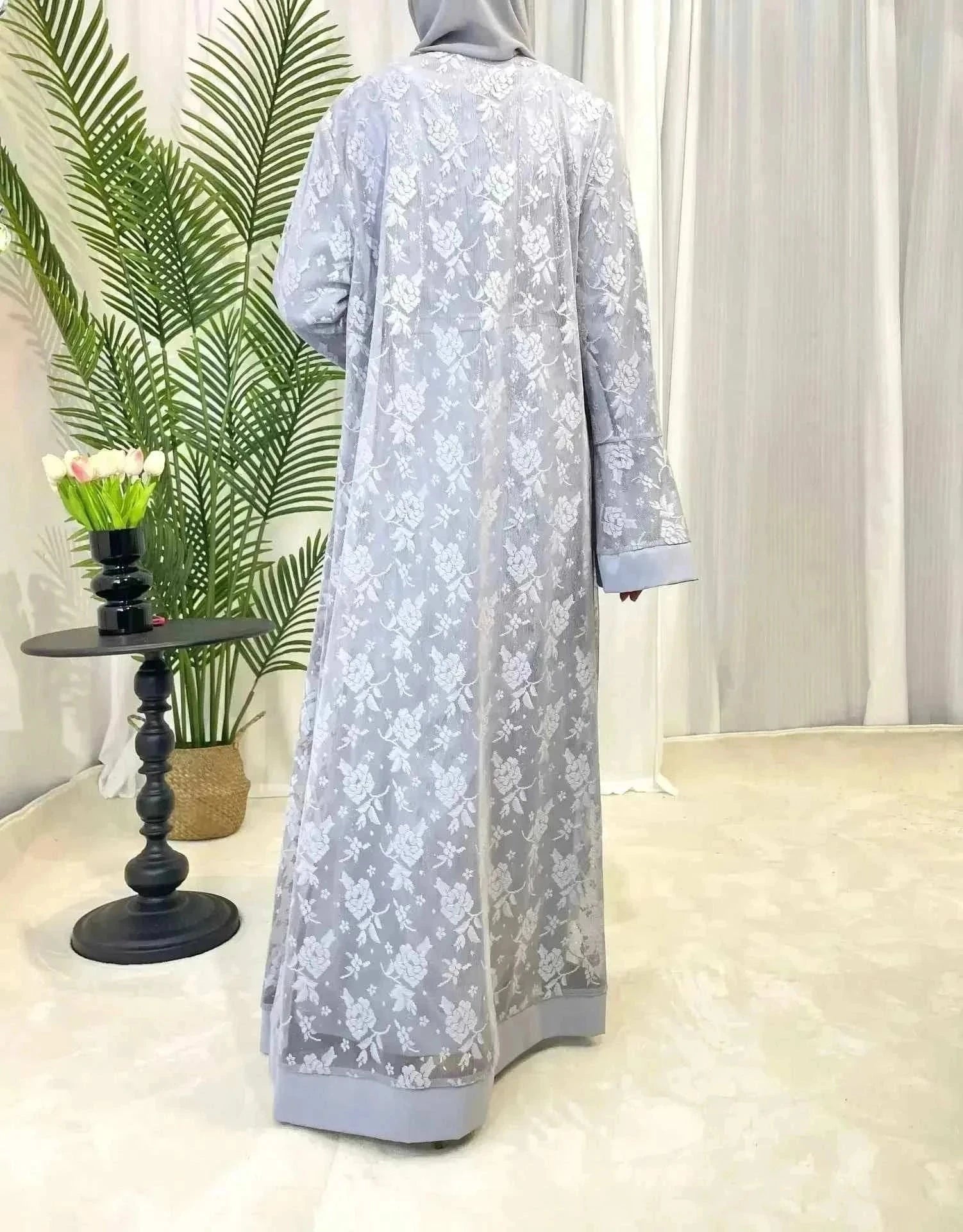 Embroidered Abaya Set – Traditional Lace Embroidery 2-Piece -  Blue / S -  Abaya Vida