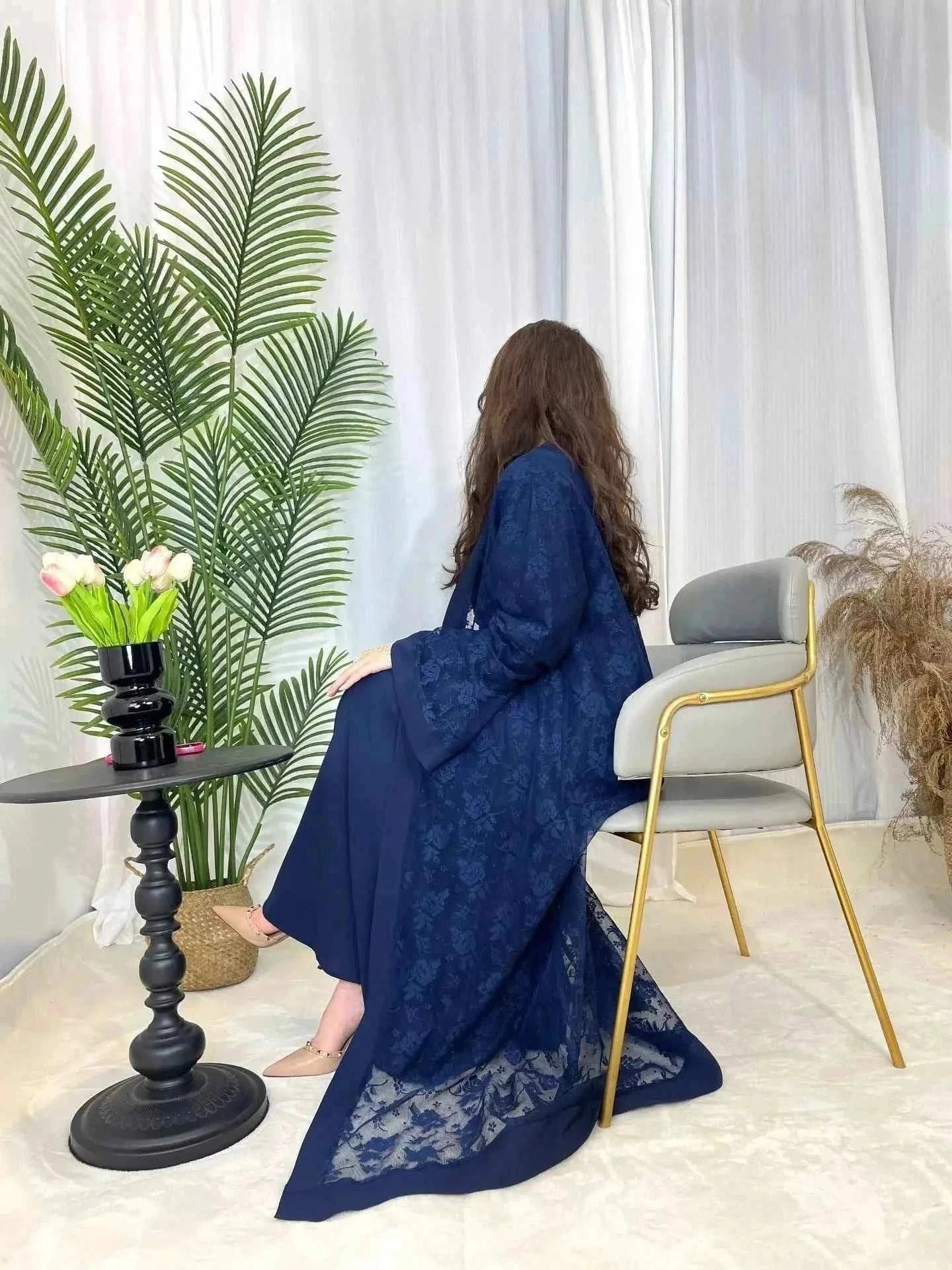 Embroidered Abaya Set – Traditional Lace Embroidery 2-Piece -  Blue / S -  Abaya Vida