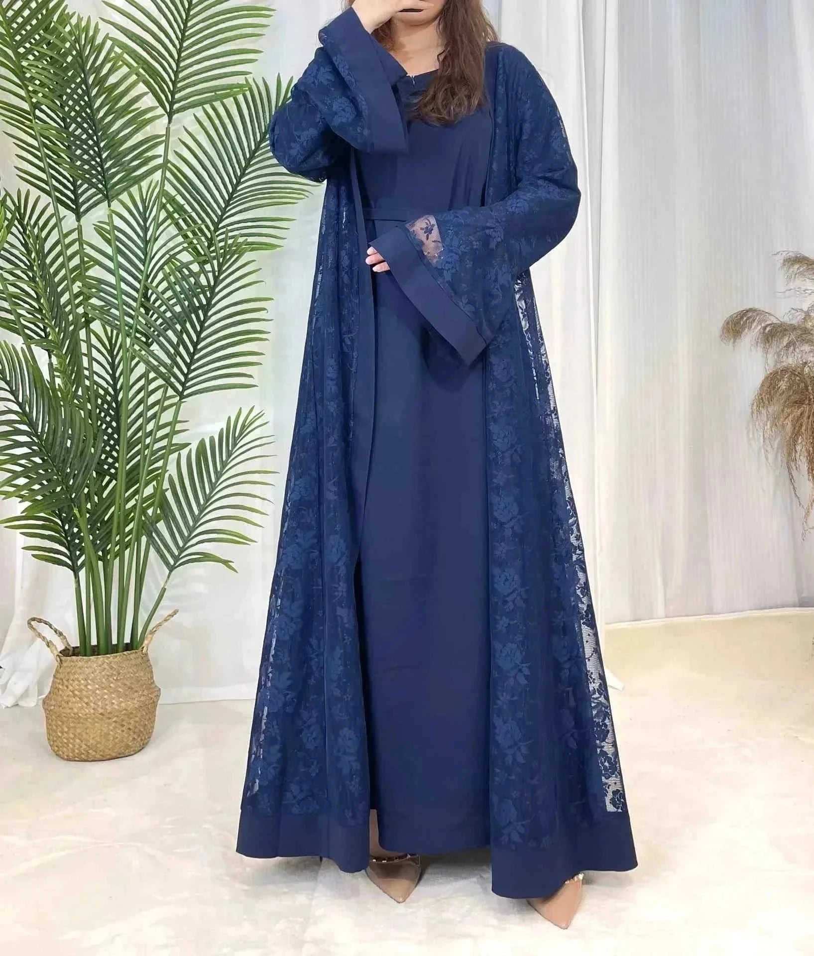 Embroidered Abaya Set – Traditional Lace Embroidery 2-Piece -  Blue / S -  Abaya Vida
