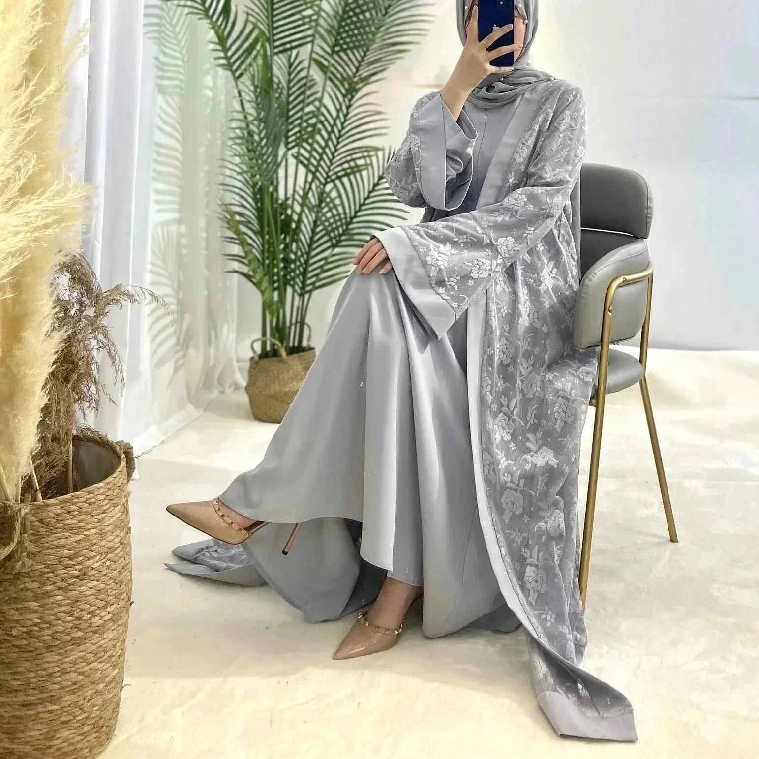 Embroidered Abaya Set – Traditional Lace Embroidery 2-Piece -  Blue / S -  Abaya Vida